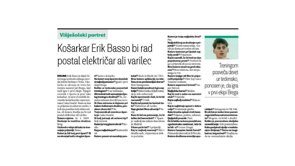  - Višješolski portret: Košarkar Erik Basso bi rad postal električar ali varilec